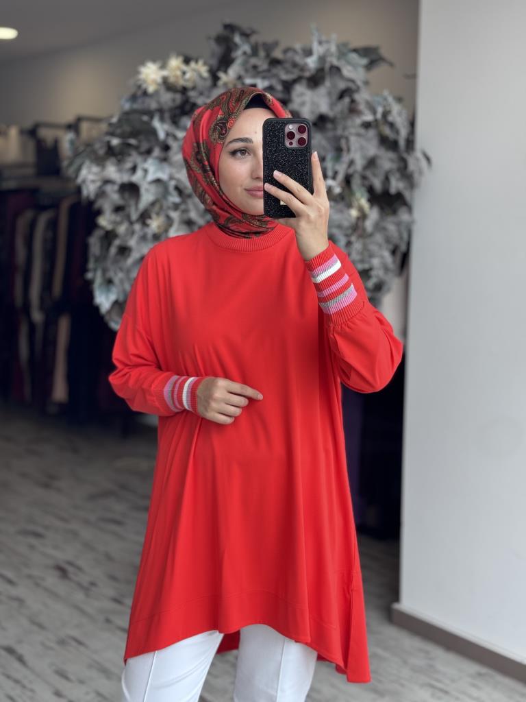 Tığ Triko Manşetleri Çizgili Ribanalı Modal Tunik TNK3067