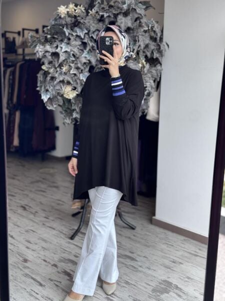 Tığ Triko Manşetleri Çizgili Ribanalı Modal Tunik TNK3067