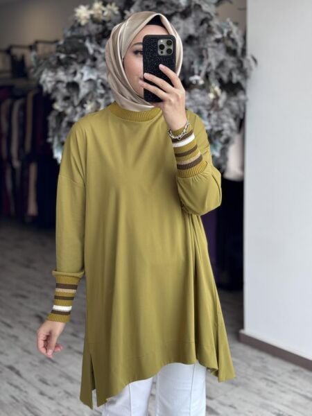 Tığ Triko Manşetleri Çizgili Ribanalı Modal Tunik TNK3067