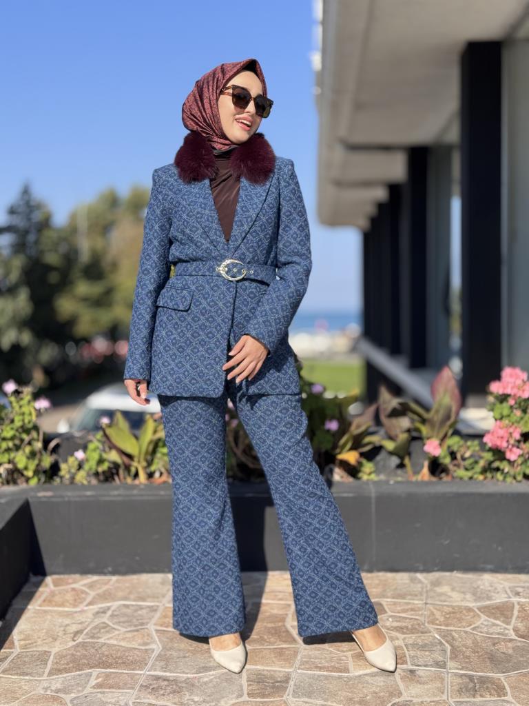Kahma Seyyar Kürk Detaylı Kemerli Ceket Pantolon Takım