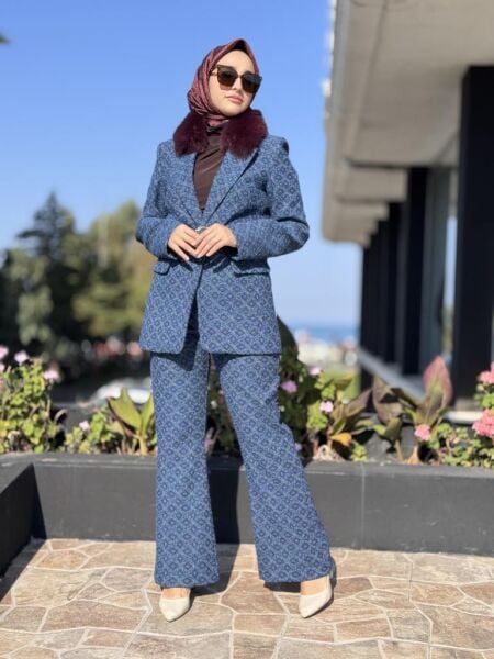 Kahma Seyyar Kürk Detaylı Kemerli Ceket Pantolon Takım