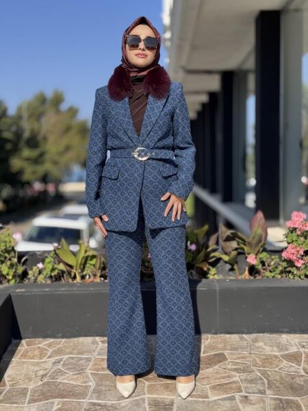 Kahma Seyyar Kürk Detaylı Kemerli Ceket Pantolon Takım