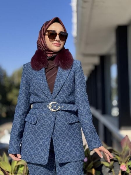 Kahma Seyyar Kürk Detaylı Kemerli Ceket Pantolon Takım