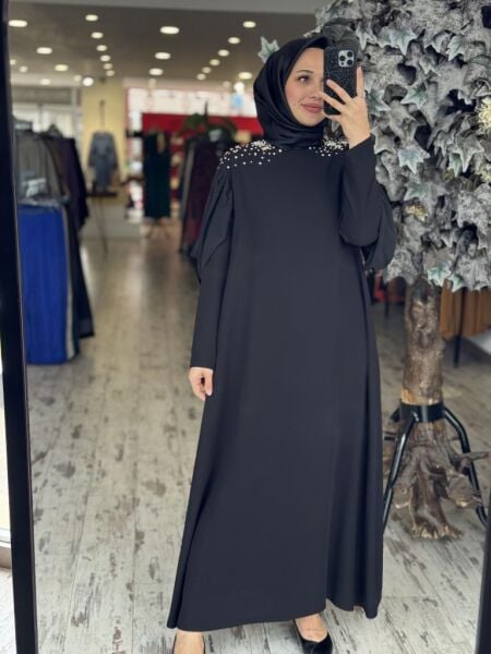 Almarwah Omuzları Taşlı Kolları Tül Detaylı Elbise 90445