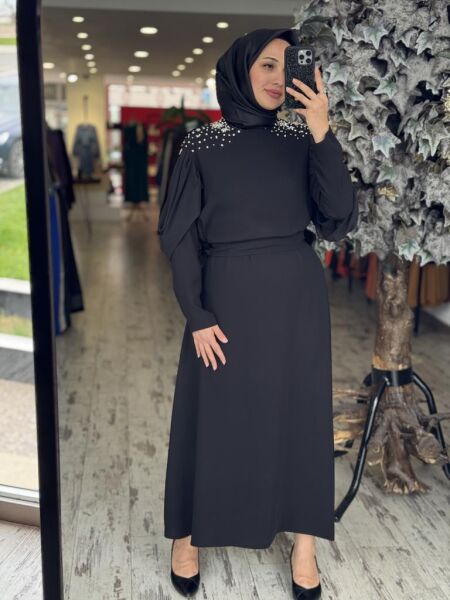 Almarwah Omuzları Taşlı Kolları Tül Detaylı Elbise 90445