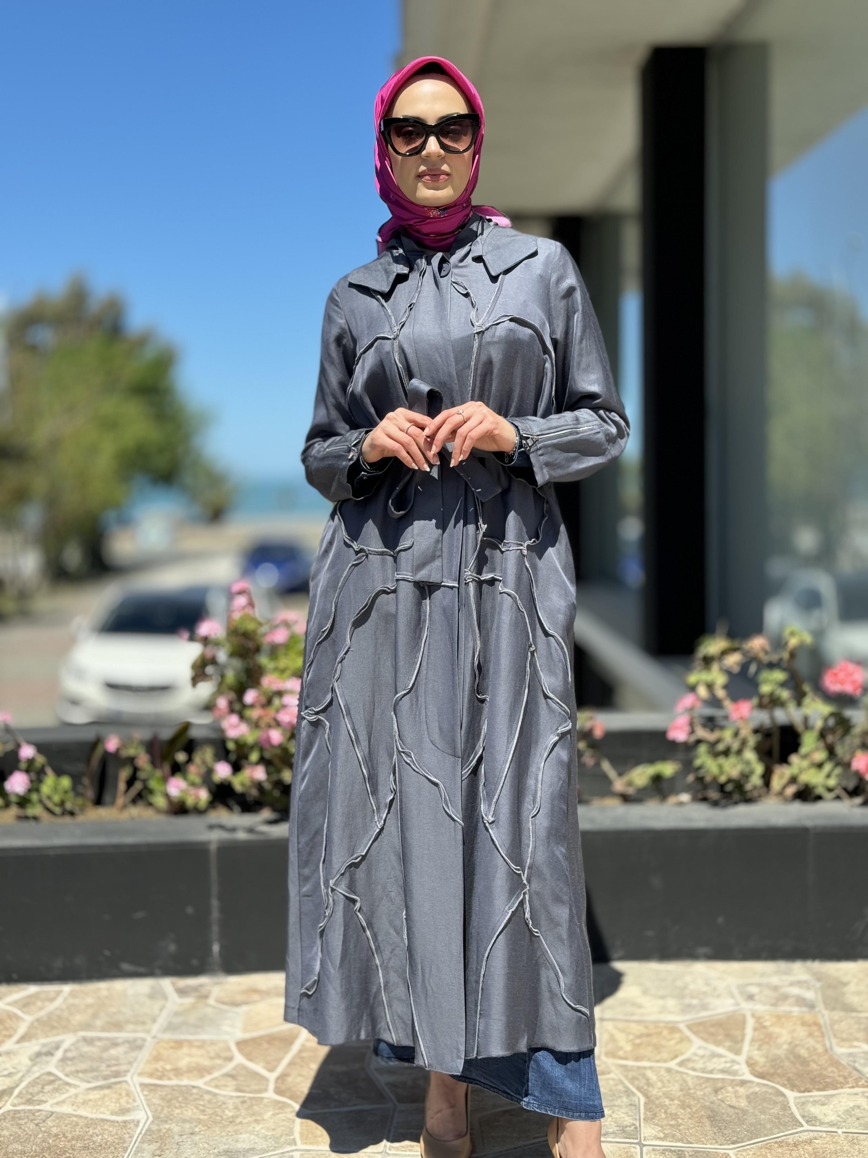 Misswhence Chanel Keten Düğmeli  Pardesü 35507 GRİ - 42