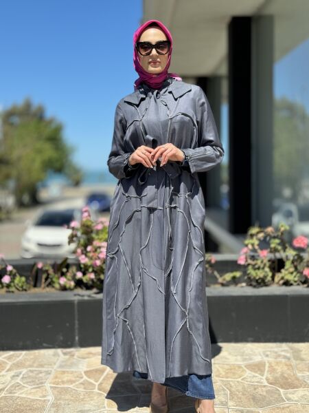 Misswhence Chanel Keten Düğmeli  Pardesü 35507 GRİ - 42