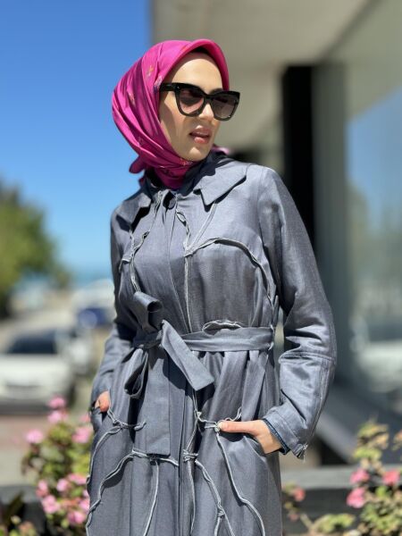 Misswhence Chanel Keten Düğmeli  Pardesü 35507 GRİ - 42