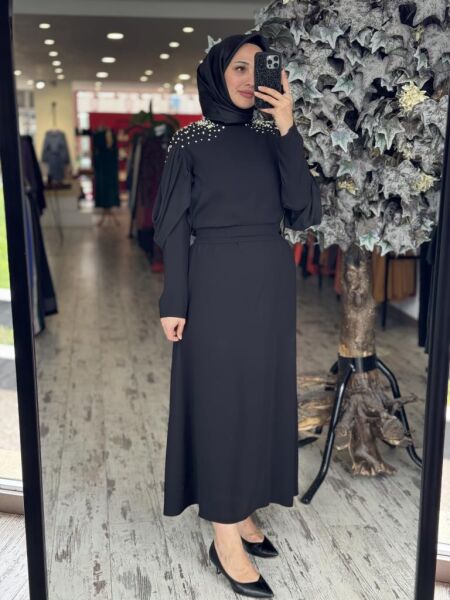 Almarwah Omuzları Taşlı Kolları Tül Detaylı Elbise 90445 SİYAH - 38