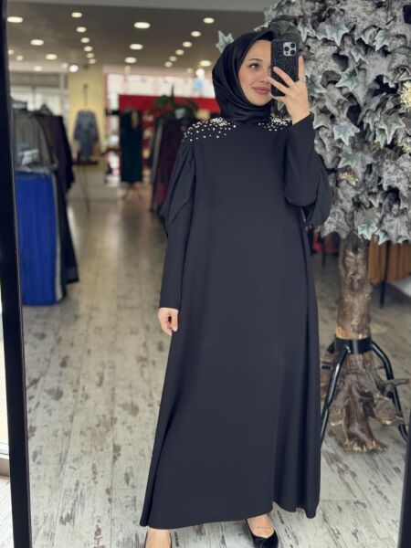 Almarwah Omuzları Taşlı Kolları Tül Detaylı Elbise 90445 SİYAH - 38
