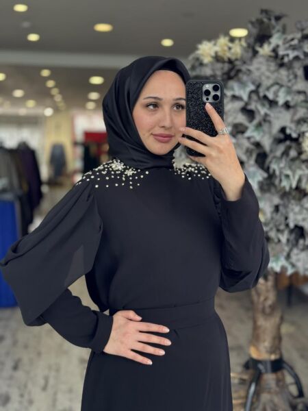 Almarwah Omuzları Taşlı Kolları Tül Detaylı Elbise 90445 SİYAH - 38