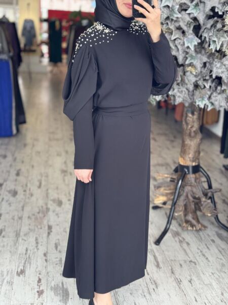 Almarwah Omuzları Taşlı Kolları Tül Detaylı Elbise 90445 SİYAH - 40