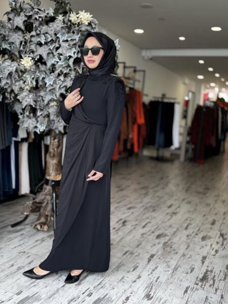 Almarwah Omuzları Boncuk İşlemeli Abiye Elbise 90468