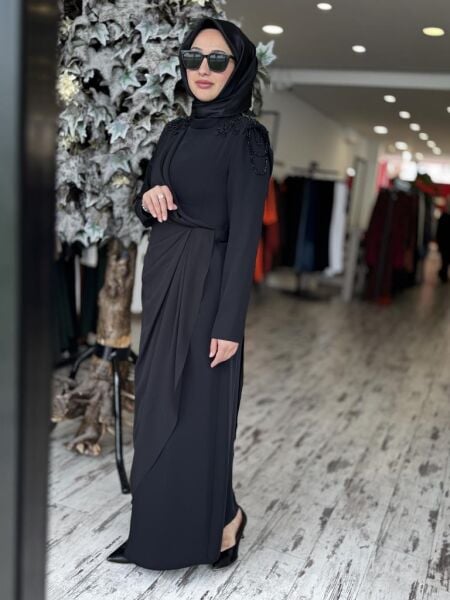 Almarwah Omuzları Boncuk İşlemeli Abiye Elbise 90468