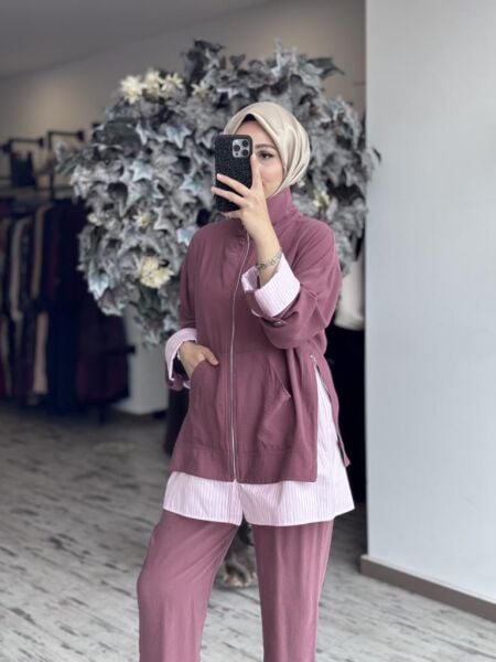 Tığ Triko Çizgili Poplin Mixli Fermuar Detaylı Pantolonlu Takım TKM2097 BEJ - 3