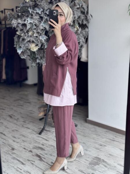 Tığ Triko Çizgili Poplin Mixli Fermuar Detaylı Pantolonlu Takım TKM2097 BEJ - 3