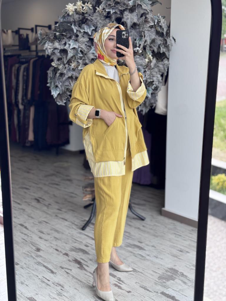 Tığ Triko Çizgili Poplin Mixli Fermuar Detaylı Pantolonlu Takım TKM2097