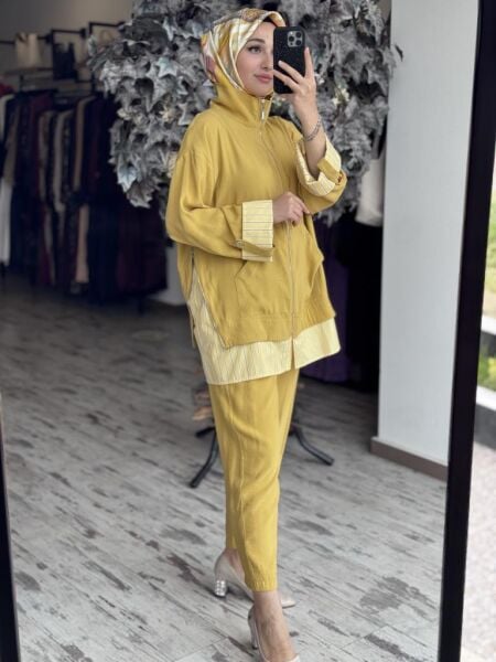 Tığ Triko Çizgili Poplin Mixli Fermuar Detaylı Pantolonlu Takım TKM2097 BEJ - 3