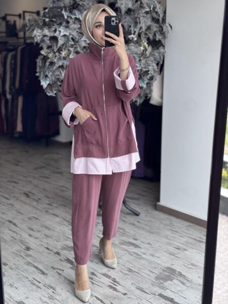 Tığ Triko Çizgili Poplin Mixli Fermuar Detaylı Pantolonlu Takım TKM2097