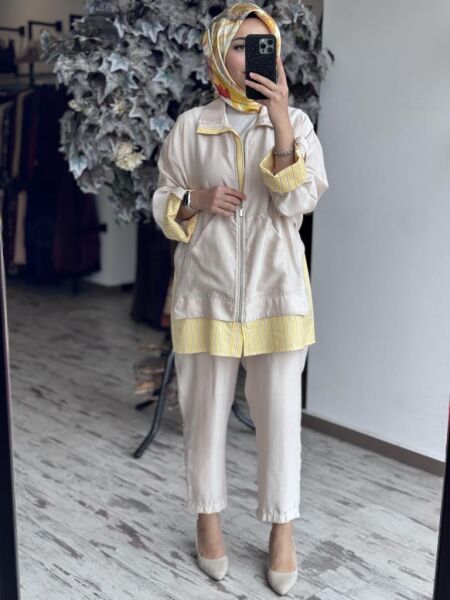 Tığ Triko Çizgili Poplin Mixli Fermuar Detaylı Pantolonlu Takım TKM2097