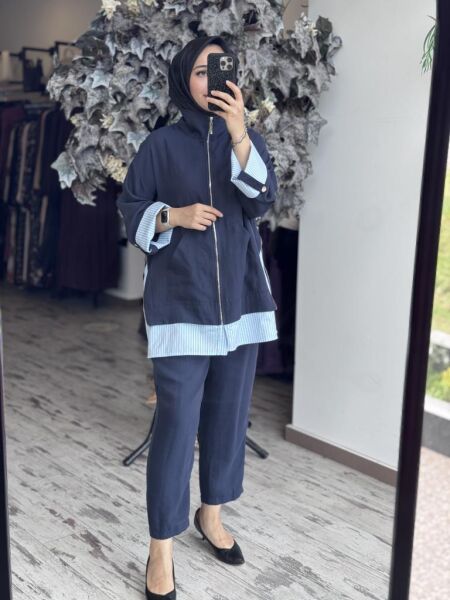 Tığ Triko Çizgili Poplin Mixli Fermuar Detaylı Pantolonlu Takım TKM2097