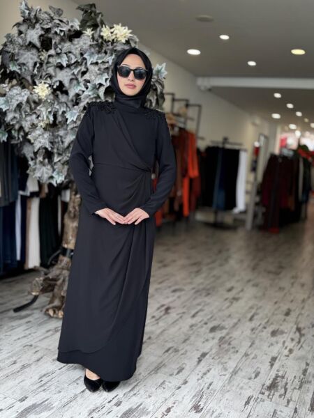 Almarwah Omuzları Boncuk İşlemeli Abiye Elbise 90468 SİYAH - 36