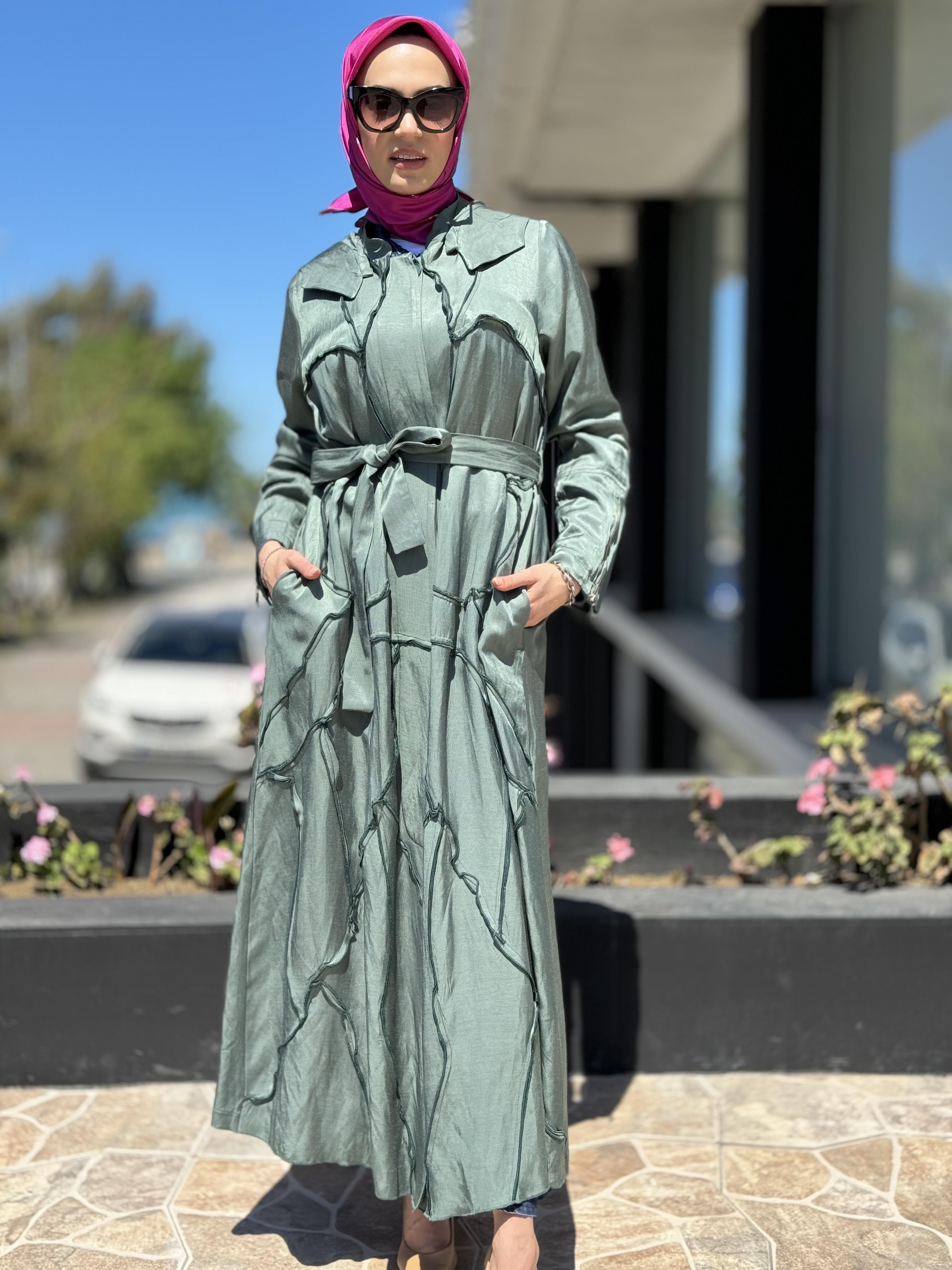 Misswhence Chanel Keten Düğmeli  Pardesü 35507 YEŞİL - 38