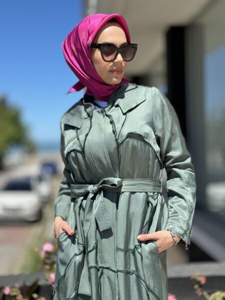 Misswhence Chanel Keten Düğmeli  Pardesü 35507 YEŞİL - 38