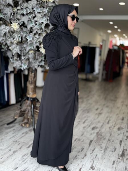 Almarwah Omuzları Boncuk İşlemeli Abiye Elbise 90468 SİYAH - 38