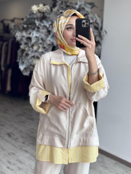 Tığ Triko Çizgili Poplin Mixli Fermuar Detaylı Pantolonlu Takım TKM2097 BEJ - 3