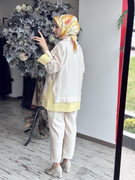 Tığ Triko Çizgili Poplin Mixli Fermuar Detaylı Pantolonlu Takım TKM2097 BEJ - 3