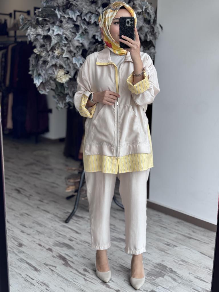 Tığ Triko Çizgili Poplin Mixli Fermuar Detaylı Pantolonlu Takım TKM2097 BEJ - 3