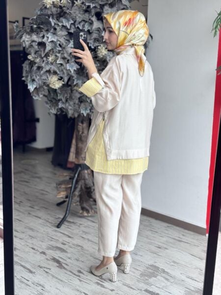 Tığ Triko Çizgili Poplin Mixli Fermuar Detaylı Pantolonlu Takım TKM2097 BEJ - 3