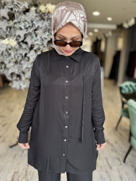 Vuu Pamuk Saten Siyah Gömlek-Pantolon Takım 24FW9V043