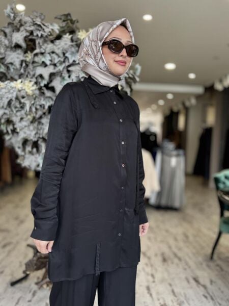 Vuu Pamuk Saten Siyah Gömlek-Pantolon Takım 24FW9V043