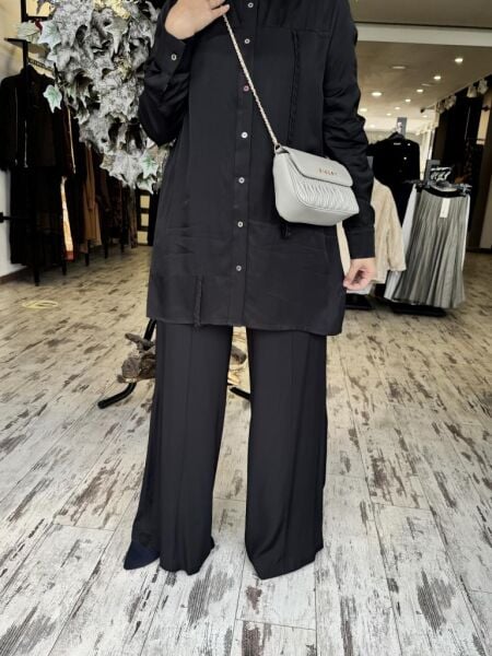 Vuu Pamuk Saten Siyah Gömlek-Pantolon Takım 24FW9V043