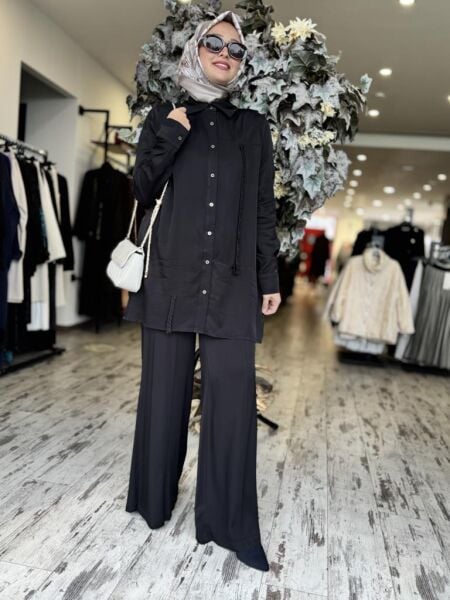 Vuu Pamuk Saten Siyah Gömlek-Pantolon Takım 24FW9V043