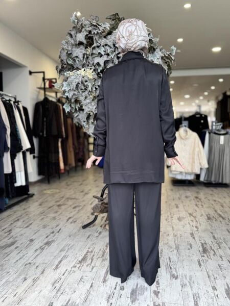 Vuu Pamuk Saten Siyah Gömlek-Pantolon Takım 24FW9V043