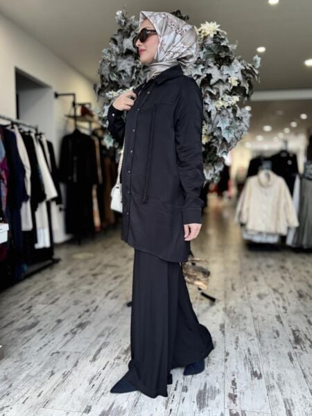 Vuu Pamuk Saten Siyah Gömlek-Pantolon Takım 24FW9V043