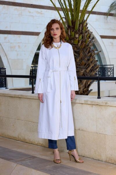 Misswhence Drape Detaylı Fermuarlı Kot Pardesü 37507 BEYAZ - 44