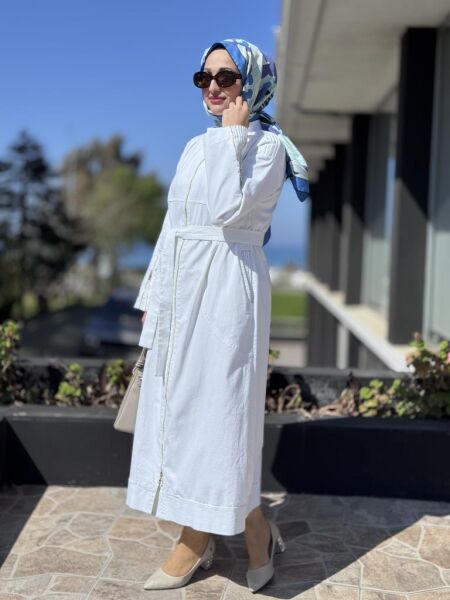 Misswhence Drape Detaylı Fermuarlı Kot Pardesü 37507 BEYAZ - 44