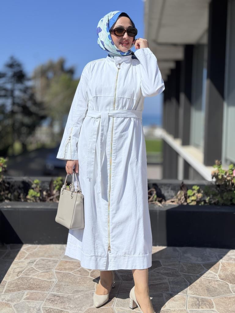 Misswhence Drape Detaylı Fermuarlı Kot Pardesü 37507 BEYAZ - 44