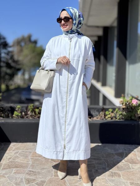 Misswhence Drape Detaylı Fermuarlı Kot Pardesü 37507 BEYAZ - 44