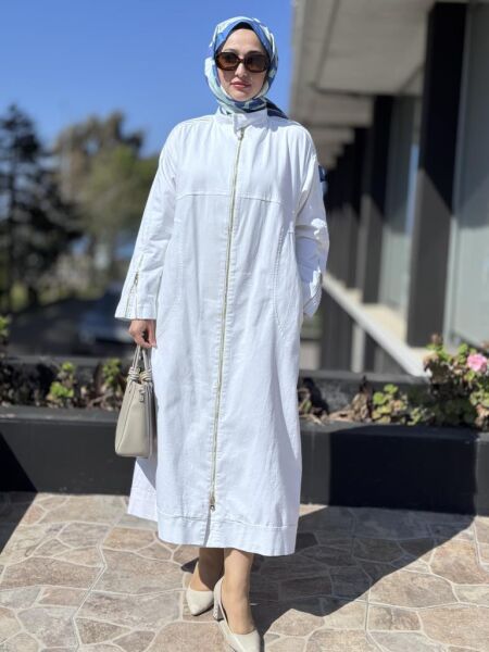 Misswhence Drape Detaylı Fermuarlı Kot Pardesü 37507 BEYAZ - 44