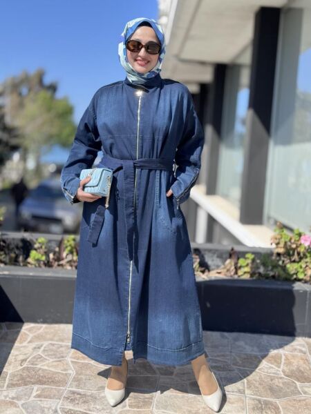 Misswhence Drape Detaylı Fermuarlı Kot Pardesü 37507 LACİVERT - 44