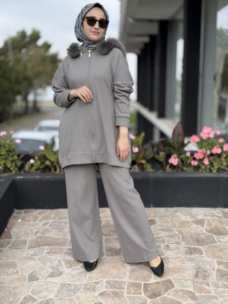Qupra Seyyar Kürk Kapüşonlu Yandan Fermuarlı Kap Pantolon Takım WAC92035