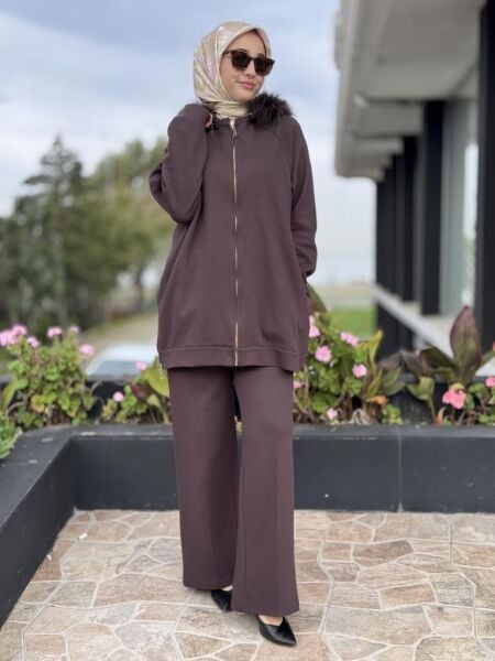 Qupra Seyyar Kürk Kapüşonlu Yandan Fermuarlı Kap Pantolon Takım WAC92035