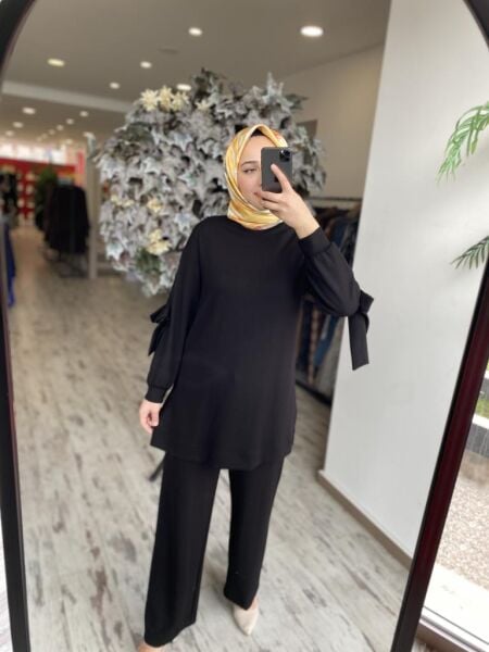 Almarwah Omuz Fermuar Ve Fiyonk Detaylı Tunik Pantolon Takım 202698