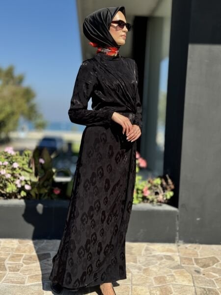 Almarwah Kendinden Desenli Jakarlı Elbise 90462