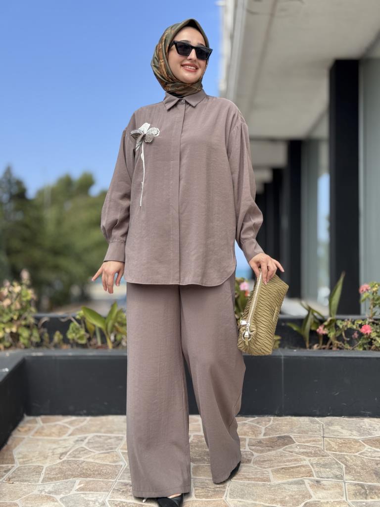 Almarwah Organze Çiçek Desenli Gömlek Pantolon Takım 202903